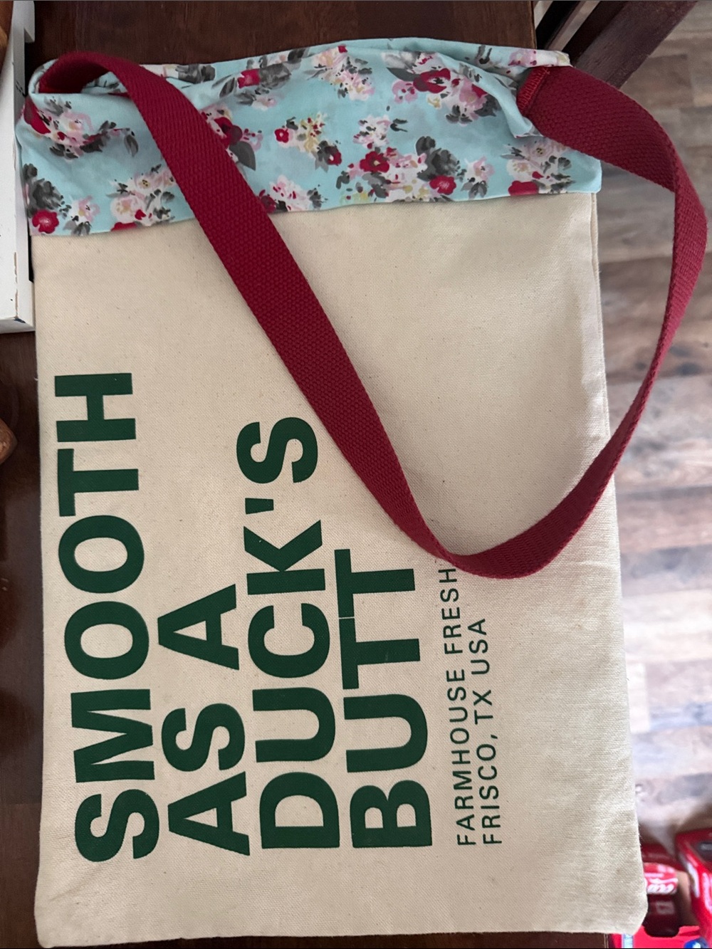 Smooth As A Duck's Butt Canvas Tote in Cream with Red Strap